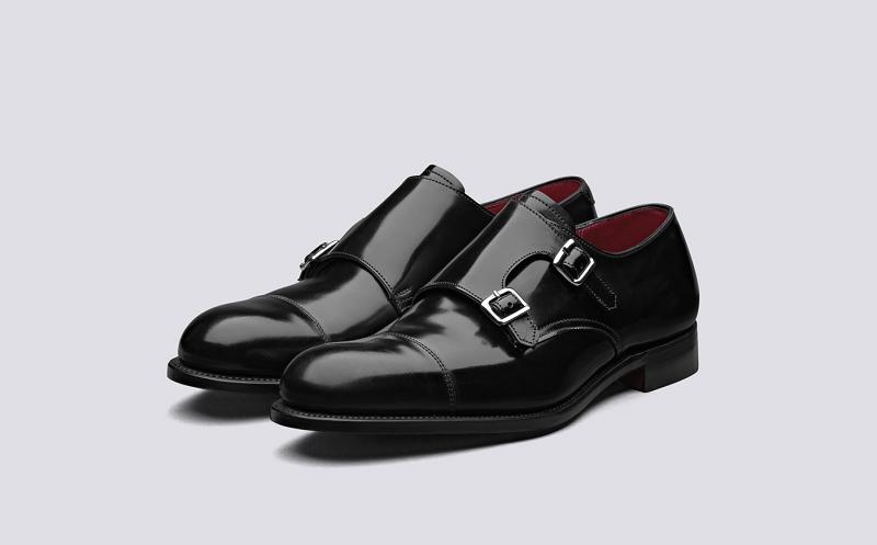 Grenson Hanbury Mens Monk Strap Shoes - Black Calf with Pink Handpainted Leather Sole RG4637